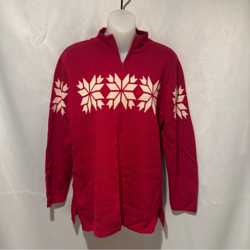 Womens Red Sweater Snowflake Mock Turtleneck Sweater Merino Wool